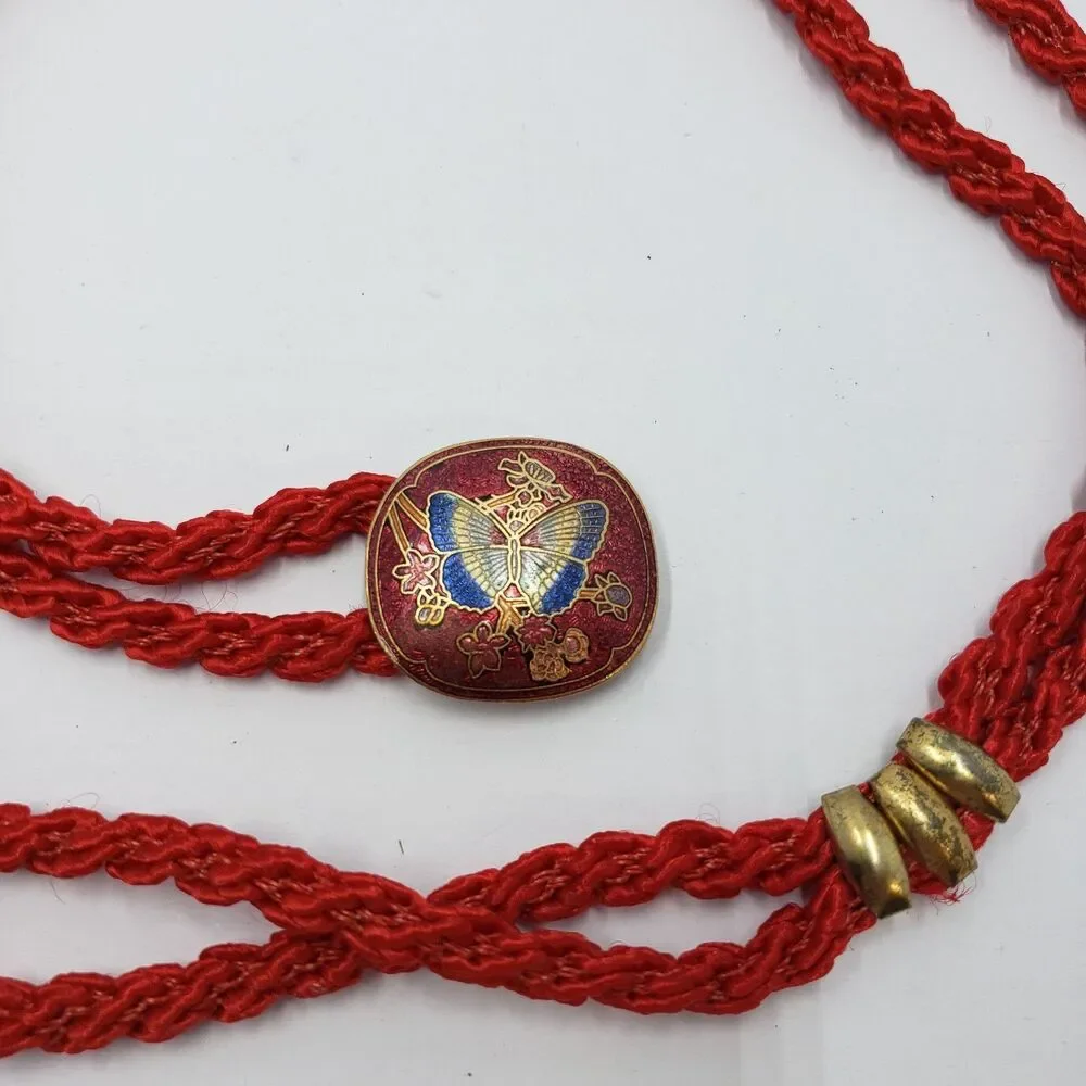 Vintage Cloisonne Butterfly Belt Red Braided Cord Passamenterie Sash Adjustable